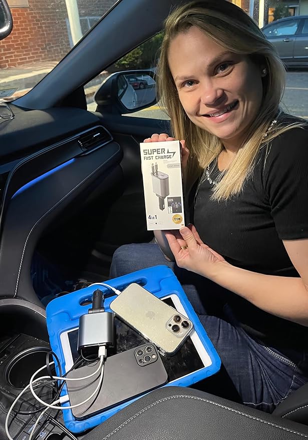 Multi Charge Pro iPhone Car Charger Fast Charging Retractable Car Charger USB C Auto Adapter, Powerful 120W 4-Port USB-C & USB-A and Lightning iPhone, Samsung, Tablets USBC Charger Block