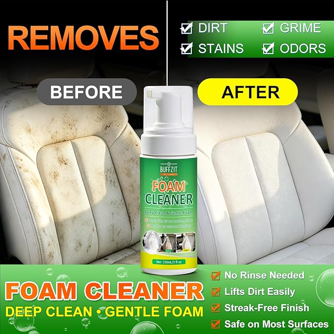 Car Interior Foam Cleaner, All-in-One Kit with Soft Brush & Microfiber Towel, Deep Clean Seats, Carpet & Upholstery, No-Rinse, Safe on Leather, Fabric, Vinyl & Plastic, 150ml (5oz)