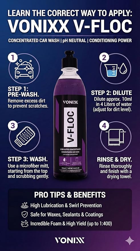 Vonixx V-Floc Concentrated Car Wash Soap - Ph-neutral - 1:400 dilution - 16.9 fl oz (500ml)