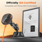 A2C Qi2 15W Wireless Charger for MagSafe Car Mount Charger Magnetic Suction Cup Phone Holder Windshield/Dashboard for iPhone 17/16/15/14/13/12, Aluminum Alloy Arm, for Jeep Wrangler, F150