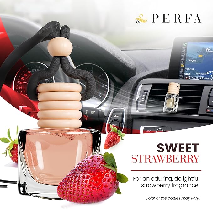 Strawberry Vanilla Car Air Freshener | Hanging Car Freshener with Vent Clip | Long Lasting, Slow-Release Aroma Technology, Adjustable Scent Intensity | Scented Automotive Accessories by Perfa