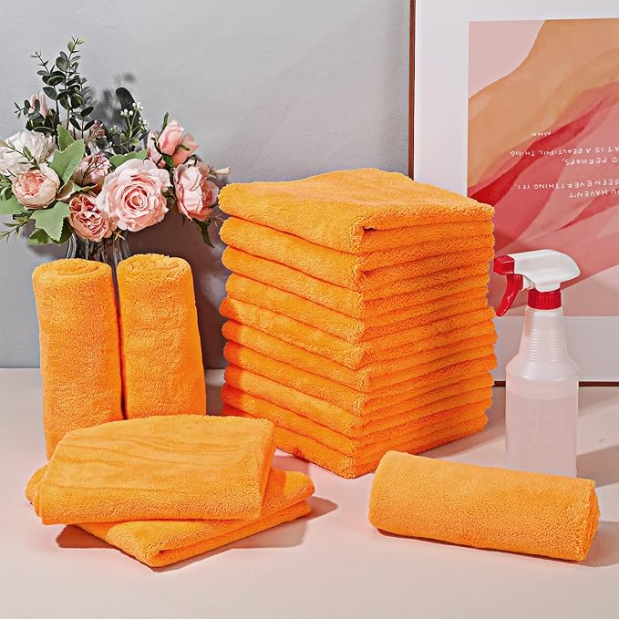 Shimeyao 30 Pcs Edgeless Microfiber Plush Towels for Cars Detailing Drying Wash Polishing Absorbent Cleaning Cloths, 500 GSM (16 x 16 Inch,Orange)