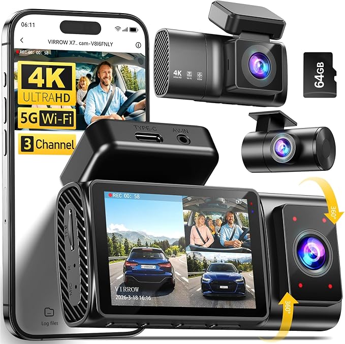Dash Cam Front and Rear Inside - 3 Channel Dash Cam (4K+1080P+1080P) Built-in 5GHz WiFi APP & 64GB Card - Dashcam with IR Night Vision - Dash Camera for Cars Parking Mode G-Sensor Loop Recording(X7)