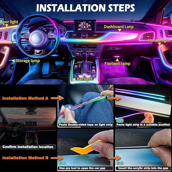Dreamcolor Acrylic Interior Car LED Strip Light with APP Remote Control, RGB 6 in 1 with 175 inches 593 LEDs Fiber Optic Strip Lights for Car, Dynamic Chasing Music Sync Neon Car Ambient Lighting Kits