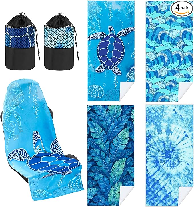 Hahafelt 4 Pack Car Seat Towel Covers with Storage Bag, 63 x 32 Inch Universal Non Slip Waterproof Sweat Protector for Car Truck, Gym Swimming Running, Machine Washable (Ocean Landscape)