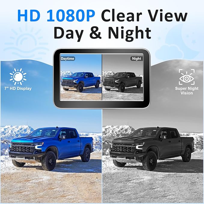 HD 1080P Wireless Backup Camera for Trucks - 7 Inch Monitor with Backup Camera for Pickups Trucks, Cars, SUVs - Color Night Vision, 2 Channels, Easy Install for Towing & Parking