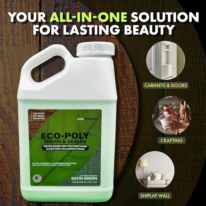 Eco-Poly Polyurethane Sealer — Non-Toxic, Low Odor, Quick-Dry Water Based Protective Spar Varnish for Indoor & Outdoor, Satin 1 Gallon Polyurethane Sealant for Wood, Concrete, Multiple Surfaces