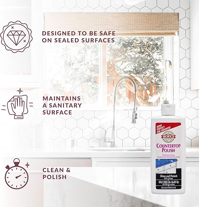 HOPE'S Countertop Restoration Polish, Streak-Free Kitchen Counter Cleaner, No Buildup on Countertops, Quartz, Marble, Corian, Composite, and Granite Polish, 8 Fl Oz, Pack of 12