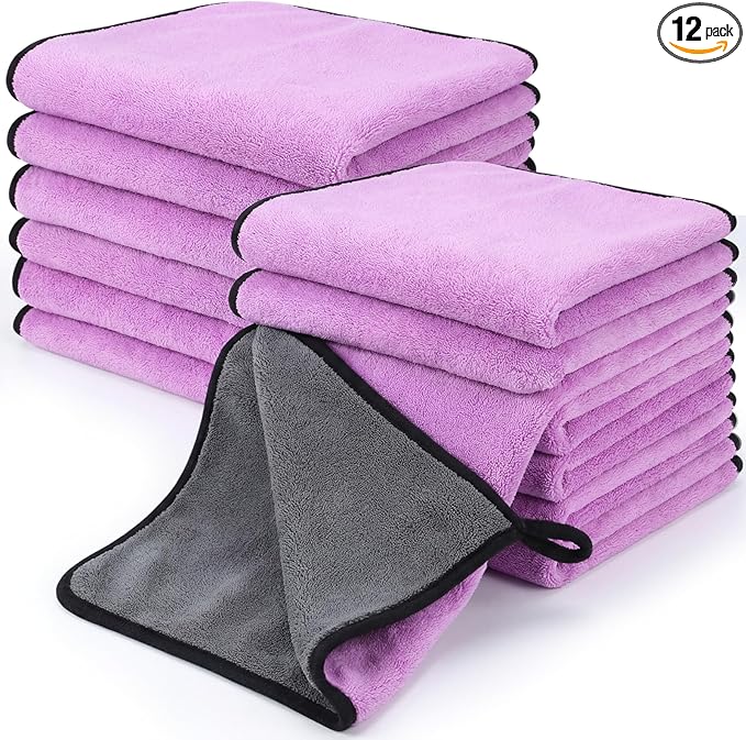 Tallew 12 Pcs Microfiber Towels for Cars, 800 GSM Plush Drying Cleaning Cloth Bulk, 16 x 16 Inch Thick Absorbent Wash Detailing Towels for Car Polishing, House, Kitchen Cleaning(Purple)