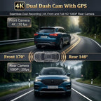 Dash Cam Front and Rear with GPS, 4K+1080P Dash Camera for Cars, 7Track Dual Car Camera with Built-in GPS Tracker, 64GB Card, 3.19" IPS Screen, WiFi, HDR, Night Vision, Parking Mode, Loop Recording