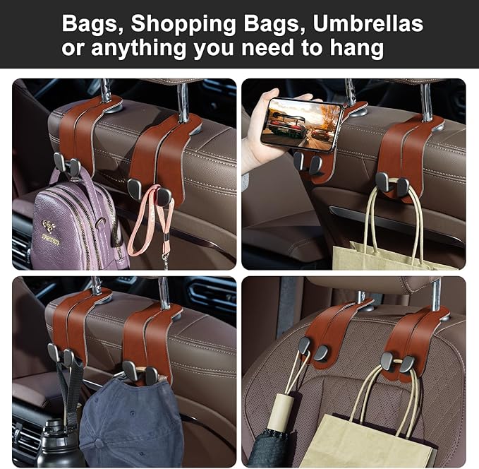 CoBak Purse Hook for Car - Universal Premium Stitched Leather and Aluminum-Magnesium Alloy Double Car Seat Back Storage Hook for Purses, Handbags, Bags (2 Pack),Russet Brown