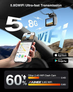 Dash Cam Front and Rear, 4K+2K Recording Dash Camera for Cars, Night Vision with WDR, 170° Wide Angle, 5.8G/2.4G Dual Wi-Fi, 64GB Card, Built-in GPS, G-Sensor Emergency Lock, 24H Parking Monitor