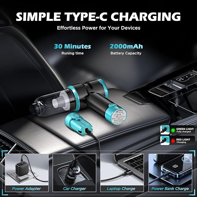 Handheld Car Vacuum Cleaner, 4-in-1 Cordless Rechargeable Mini Vacuum with Air Duster – Quickly Clean Crumbs, Pet Hair & Crevices in Car, Office, Home. Ideal for Commuters & Office Workers (Gold)