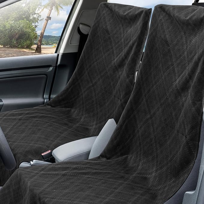 Hahafelt 1 Pack Car Seat Towel Covers with Storage Bag, 63 x 32 Inch Universal Non Slip Waterproof Sweat Protector for Car Truck, Gym Swimming Running, Machine Washable (Black Plaid)