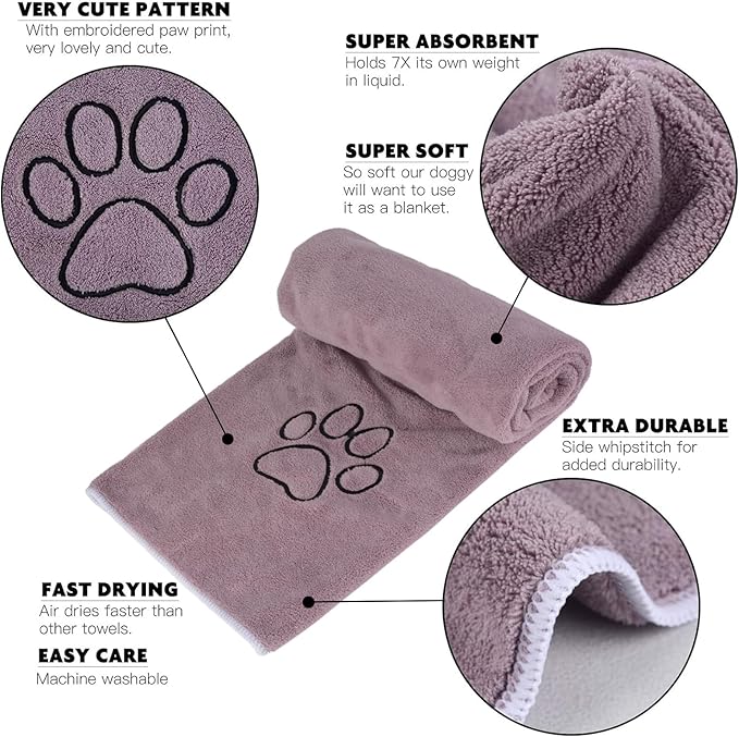 KinHwa Dog Towels Super Absorbent Microfiber for Small, Medium Dog Drying Towel for Drying Dogs Soft Pet Bath Towels and Cats with Embroidered Paw Pure+Grey 20inchx36inch