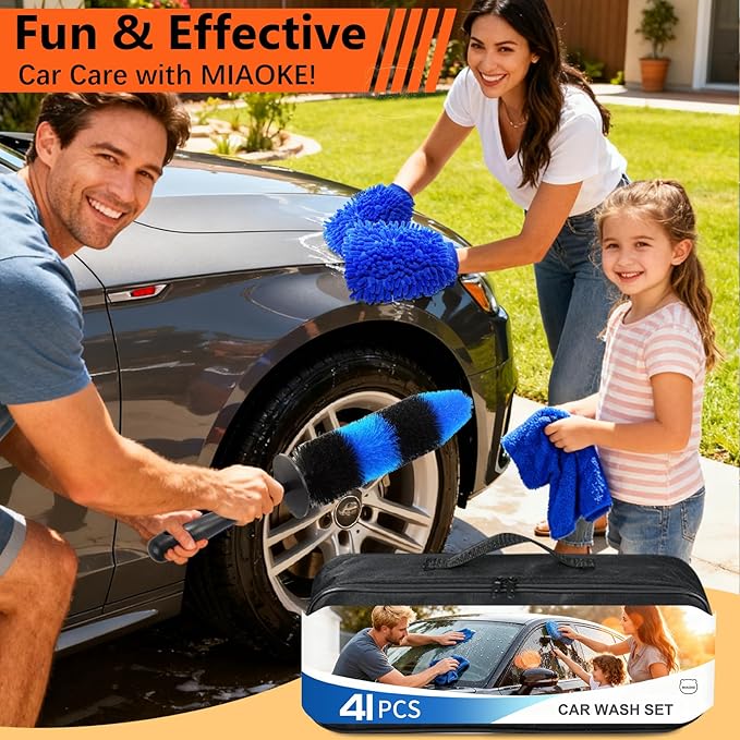 MIAOKE 41Pcs Professional Car Detailing Kit, Car Wash Kit with Portable Handbag, Wet and Dry Use Car Cleaning Kit, Durable Drill Brush, Apply to Interior, Exterior, Wheels, Trucks, Motorcycles