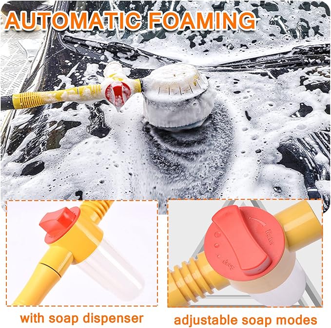 Car Wash Brush with Hose Attachment, 360 Spin Car Wash Brush with Soap Dispenser, Soft Bristle Car Cleaning Brush Mop Scrub Brush, Flow Through Car Washing Brush Kit Long Handle (Yellow)