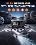 TREKURE 16-in-1 8000A Car Battery Jump Starter with Air Compressor 160PSI, Jump Starter Jump Box (All Gas 12L Diesel) with Portable Jumper Cables, Auto-Shutoff Tire Inflator, Gloves, Tow Rope
