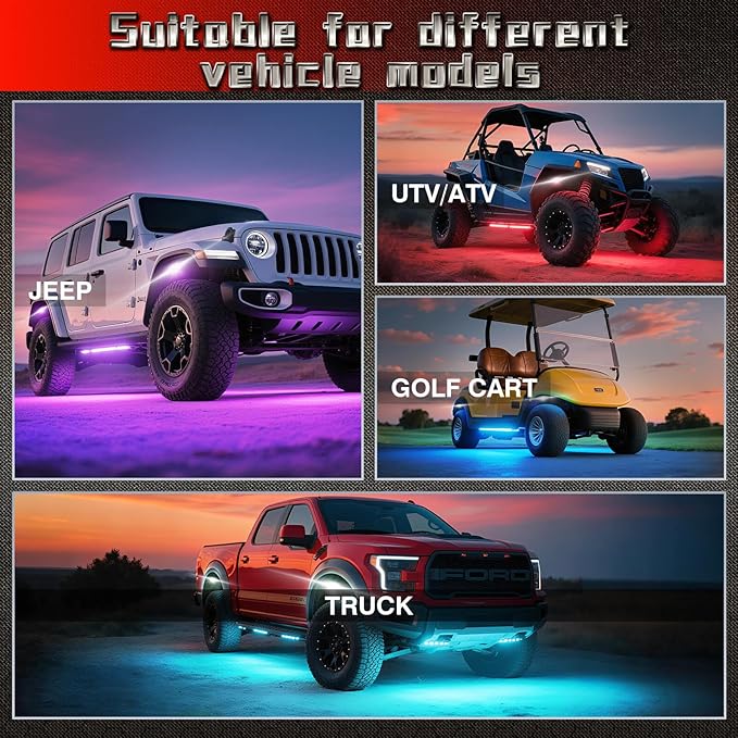 12 Pods RGB LED Rock Lights for Trucks ATV UTV Golf Cart RZR Offroad SUV Cars, Waterproof Multicolor Neon Underglow Kit with Bluetooth APP/RF Remote Control, Vehicle Accent Underbody Light 12V
