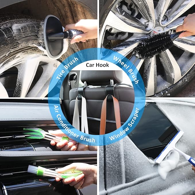 AUTODECO 35Pcs Car Wash Detailing Kit Cleaning Kits with Foam Gun Sprayer Collapsible Bucket Brush Large Wash Mitt Towels Complete Interior Exterior Car Washing Supply Set Black