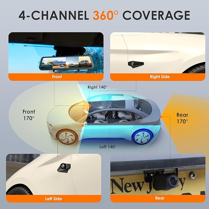 U24 Mirror Dash Cam, 4-Channel, 12” Touchscreen, 1080p, 170° Wide Angle, Stream Media, Auto-Backup Camera for Car, Truck, Taxi, Night Vision, Parking Monitor，Free 128GB Card