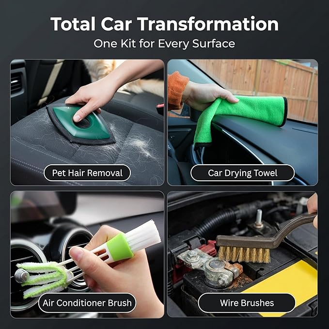 26Pcs Car Detailing Kit, Car Detailing Brush Set with Drill Brush Attachments, Car Detailing Brushes, Wheel & Tire Brush, Microfiber Towels, Wash Mitt, Pet Hair Remover for Interior & Exterior