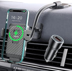 MOKPR Wireless Car Charger, Adjustable Gooseneck Car Mount Auto-Clamping Car Charger, Dashboard [with Anti Shake stabilizer] Phone Holder fit for iPhone 17 16 15 14 13 12, Samsung,with QC 3.0