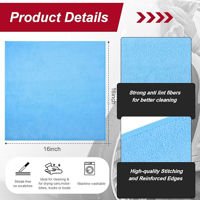 Oudain 200 Pcs Microfiber Cleaning Cloth 16x16 Inch Microfiber Towels for Car Ultra Absorbent Cleaning Rags Reusable Lint Free Streak Free Detailing Towel for Car Washing Drying Dusting (Blue)