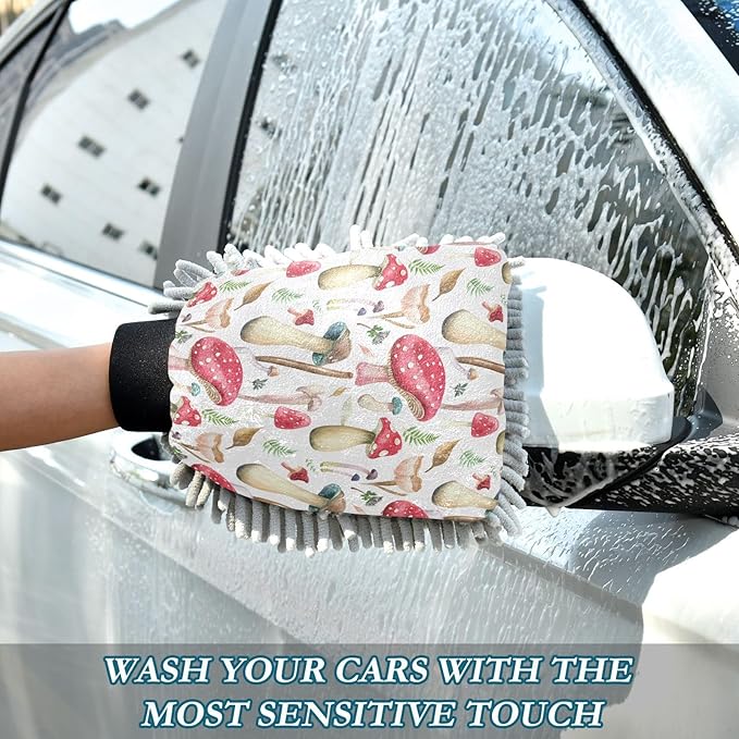 Qilmy Mushroom Fern Pattern Microfiber Chenille Car Wash Sponge Scratch Free Car Wash Mitt Absorbent Mitt Sponge for Trucks SUVs Car Washing Home Cleaning, Large
