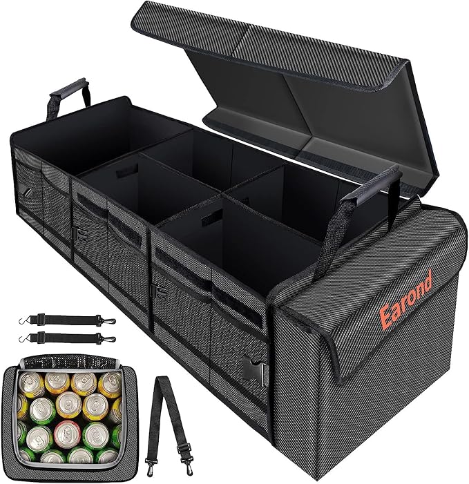 Large Trunk Organizer with Portable Leakproof Cooler Bag,Foldable Cover,Adjustable Securing Straps,Collapsible Trunk Organizer for Suv Car Truck Sedan (4-in-1 with Cooler)