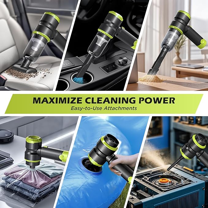 Handheld Car Vacuum Cleaner, 4-in-1 Cordless Rechargeable Mini Vacuum with Air Duster – Quickly Clean Crumbs, Pet Hair & Crevices in Car, Office, Home. Ideal for Commuters & Office Workers (Green)