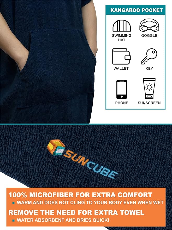 SUN CUBE Surf Poncho Changing Robe with Hood | Absorbent Quick Dry Microfiber Wetsuit Changing Towel with Pocket for Surfing Men Women