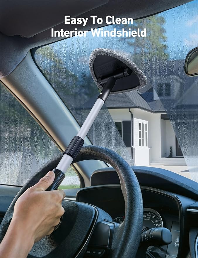 AstroAI Windshield Cleaner Tool, Car Interior Detailing Cleaning Kit with Extendable Handle and 4 Upgraded High-Density Reusable Microfiber Pads, Auto Glass Wiper Brush Kit for Cars, Gray, 15.9in-21in