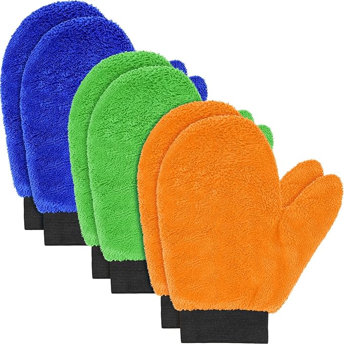 Teenyyou 6 Pcs Microfiber Dusting Mitt Car Wash Mitts Cleaning Glove with Thumb Reusable Terry Dusting Gloves with Elastic Wrist Cuff for Car Wheel Plants House Kitchen(Bright Color,9.84 x 7.87 Inch)