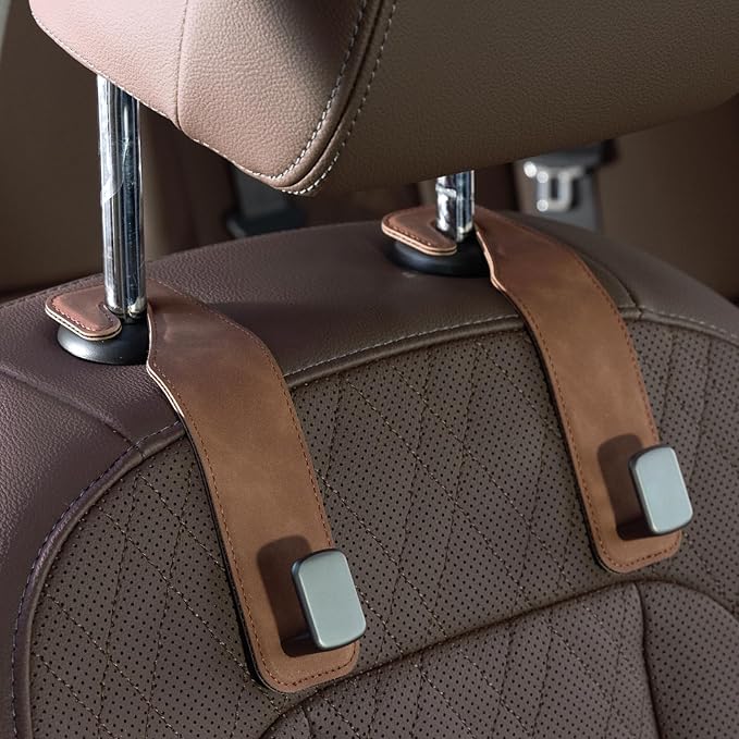 CoBak Headrest Hooks for Car - Universal Premium Stitched Leather and Aluminum-Magnesium Alloy Single Car Seat Back Storage Hook for Purses, Handbags, Bags (2 Pack),Brown
