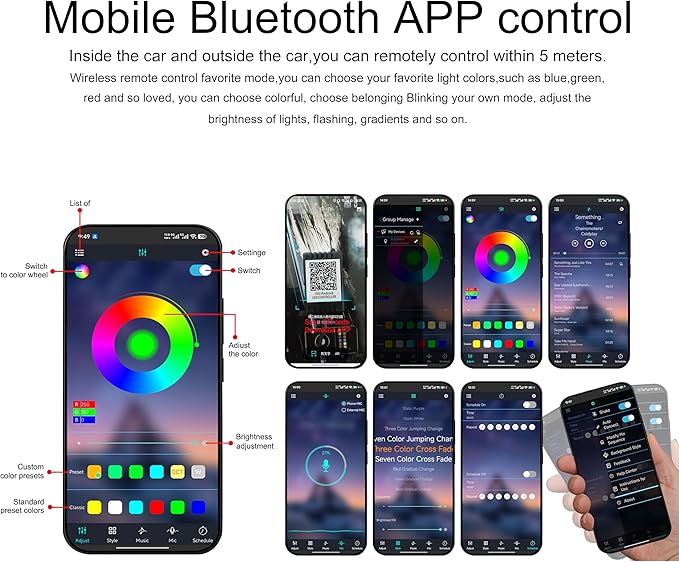 Car Ambient Footwell Lighting Optic Fiber 64 Colors Music Sound Active with APP Control Car Decorative Atmosphere Lighting Kit DC 12V 1W 8m