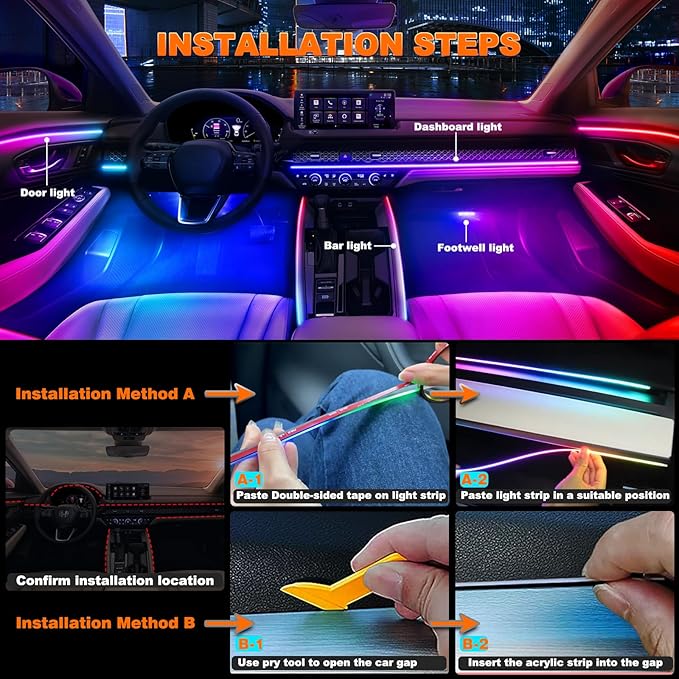 Jushope Interior Car LED Strip Lights, Acrylic LED Lights for Car with Dynamic Dreamcolor Chasing, Ambient Lighting Kits Music Sync Wireless APP and RF Remote Control (10 in 1)