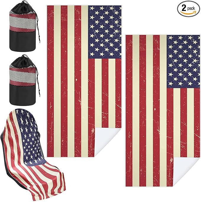 Hahafelt 2 Pack Car Seat Towel Covers with Storage Bag, 63 x 32 Inch Universal Non Slip Waterproof Sweat Protector for Car Truck, Gym Swimming Running, Machine Washable (American Flag)