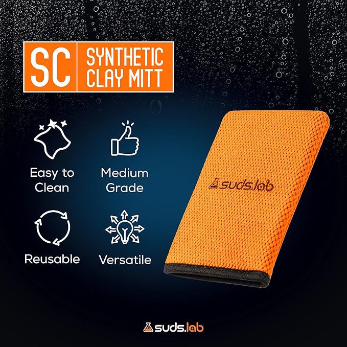 Suds Lab SC Synthetic Clay Mitt for Car Detailing – Reusable Clay Bar Mitt to Remove Paint Overspray, Water Spots, Tree Sap & Rail Dust from Paint, Glass & Plastic