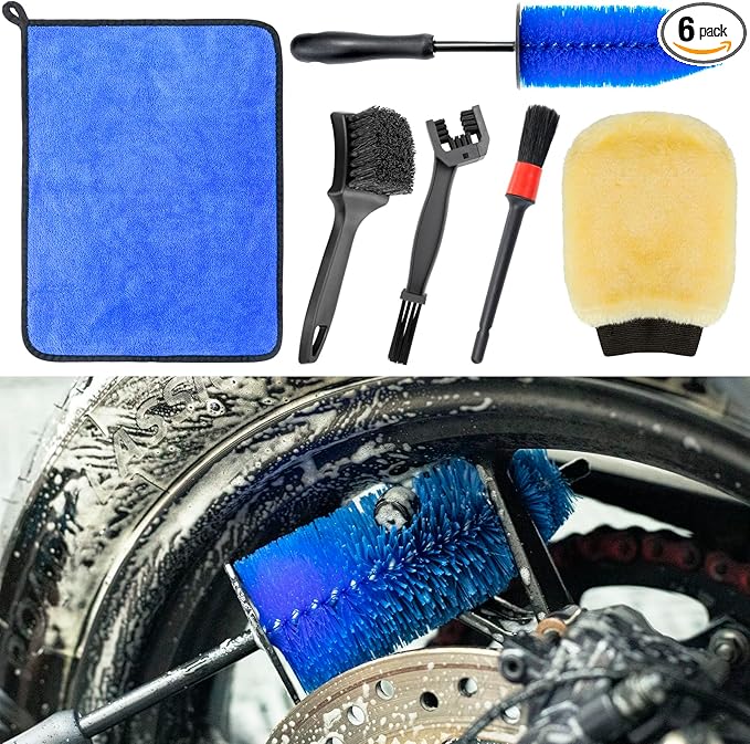 focopot Motorcycle Cleaning Kit 6 Pack with Easy Reach Brush,Tire Brush,Wool Wash Mitt,Chain Brush,Detailing Brush and Microfiber Towel for Cleaning Motorcycle Mudguard,Rims,Exhaust,Frame