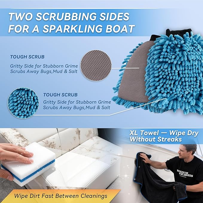 5-in-1 Salt Remover Wash Kit, pH Neutral Boat Cleaner for Boats, Cars& Boating Accessories, Marine Engines & Outboard Motor Flush, Includes Foam Sprayer, XL Towel, Wash Mitt & Scuff Erasers