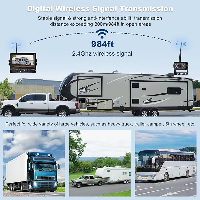 Wireless Backup Camera for Trucks, RV Backup Camera Wireless with 7" HD Monitor, 4 Channels Split Screen, BSD Alert, 984ft Signal Range, IP69K Waterproof IR Night Vision Wide Angle, DIY Guide Lines