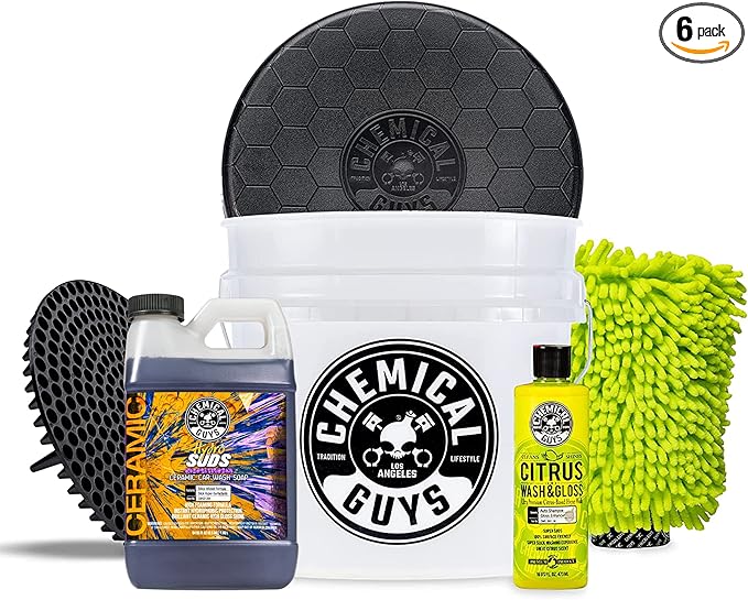 Chemical Guys CWS21264BK Car Wash Detailing Bucket, Mitt & Accessories Bundle (6 Items) Featuring HydroSuds Ceramic SiO2 Shine High Foaming Car Wash Soap, 64 oz - for Cars, Trucks, SUVs, RVs & More