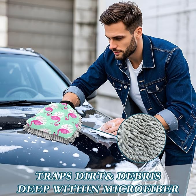 STAYTOP Beautiful Flamingo Car Wash Mitts 2Pcs,Chenille Microfiber Mitts Scratch Free Ultra Absorbent Wash Sponge Cloths for Cars,Home Cleaning-M