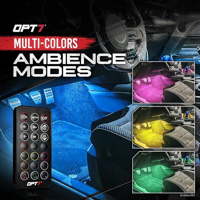 OPT7 Aura Interior Car Lights 6pc with Remote Control, Color Change, Music Sync Inside Ambient Lighting Kit, Car Truck LED Lights Under Dash Accessories, Charger Adapter 12V, 6pc Single Row LED Strip