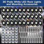 Baquler 30 Pods Rock Lights White Underglow Lights for Trucks Car SUV Waterproof Shockproof LED Ambient Rocklights Automotive Trailer Lighting for Motorcycle Boat ATV UTV(9LED Chips Style)