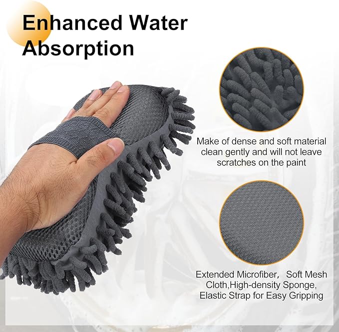 HARFINGTON Car Wash Sponge 9.1" x 4.7" Chenille Microfiber Mitt Scratch-Free Absorbent Scour Scrubber Cleaning Sponge for Washing Detailing on Cars, Trucks, SUV, Boats, RVs, Gray