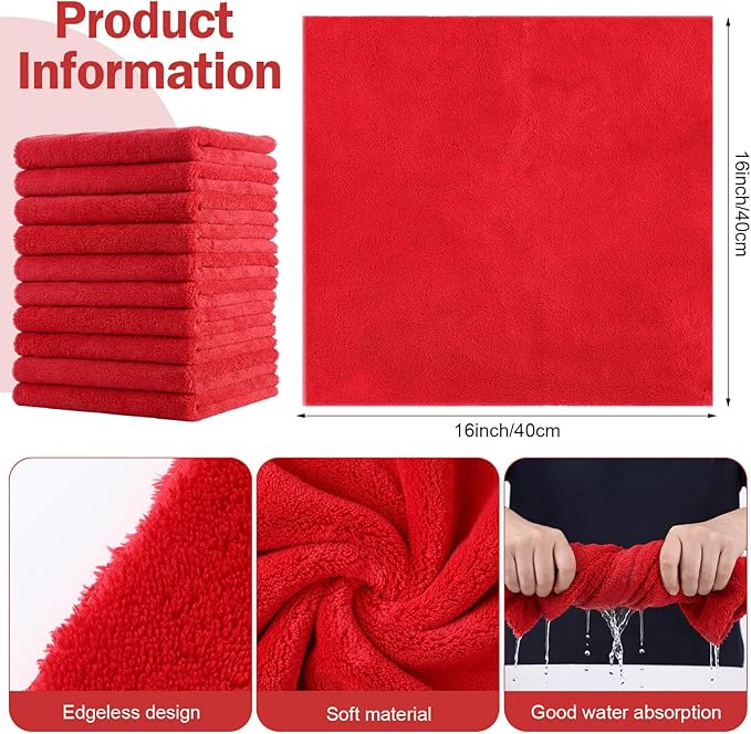 Tallew 15 Pcs Car Microfiber Towels Buffing Drying Wash Cleaning Cloths Plush Large Towels Thick Care Polishing Detailing Waxing Scratch Proof Towel, 15.75 x 15.75 Inch (Red)