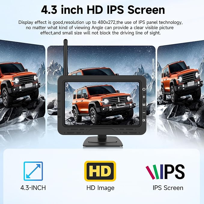 Rimoody 4.3'' HD IPS Screen Wireless Backup Camera, Digital Stable Signal, DIY Guide Lines, IP68 Waterproof, Night Vision, Wide Angle, Rear View Camera for Car/Truck/Pickup/SUV/Van/RV - Plug and Play