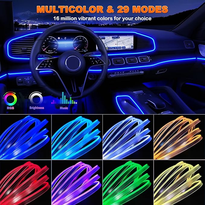 Jushope Interior Car LED Strip Lights with Wireless APP and Remote Control, RGB 5 in 1 Ambient Lighting Kits with 236 inches Fiber Optic, 16 Million Colors Car Neon Lights, Sync to Music